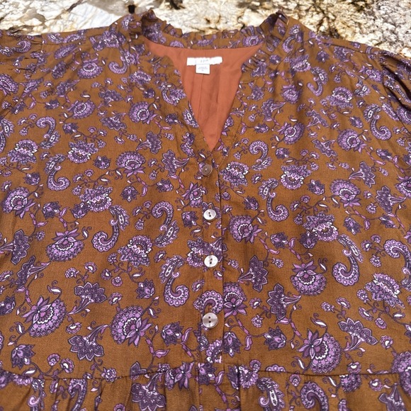 J. Jill XL Brown Purple Paisley Maxi Dress Button Front Ruffle Cotton - Picture 7 of 9